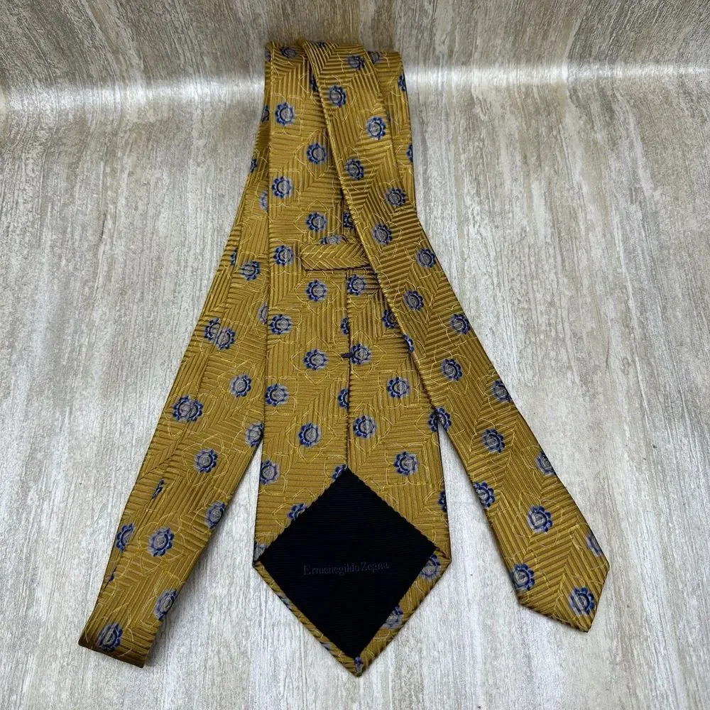ERMENEGILDO Zegna Men's Gold & Blue Silk‎ Necktie Tie Made In Italy Squares